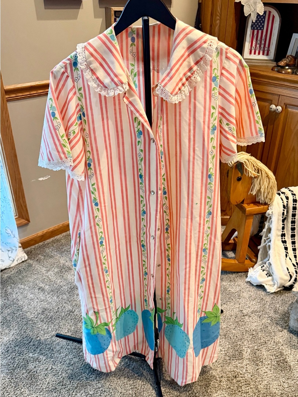 Vintage Striped Short Sleeve Nightgown with Blue Strawberry Print